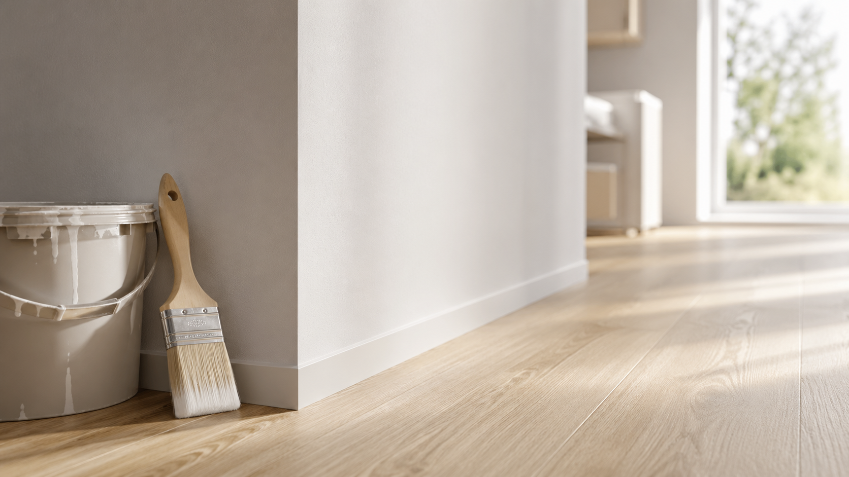Strakke overgang tussen witte wand en lichte houten vloer
