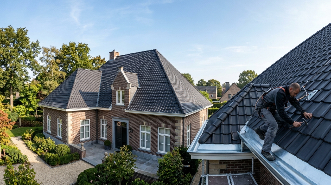 Vakbekwame dakwerkers plaatsen dakpannen en zinkwerk op een residentieel dak