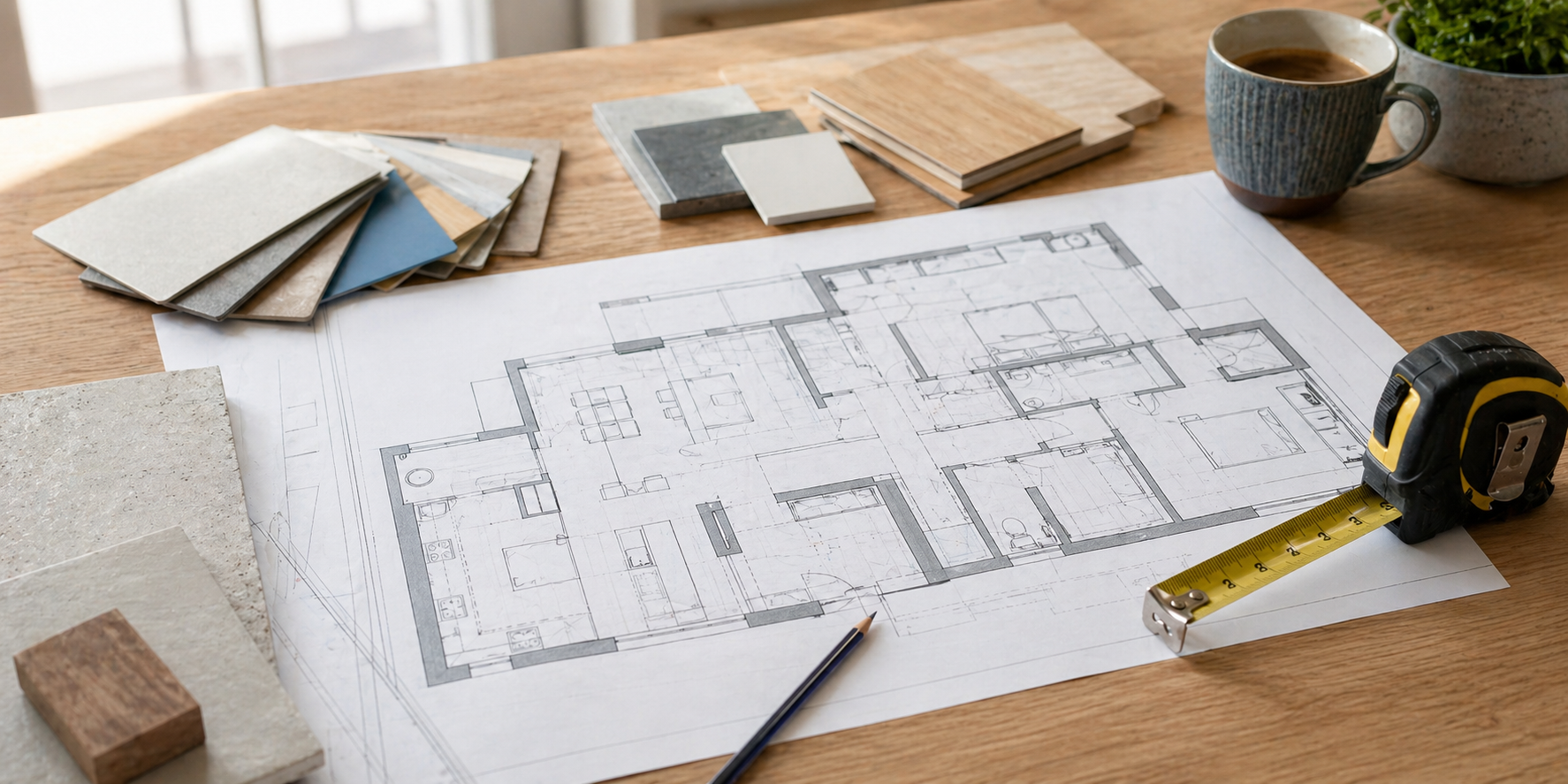 Appartementplattegrond op tafel met renovatiemateriaal en meetgereedschap